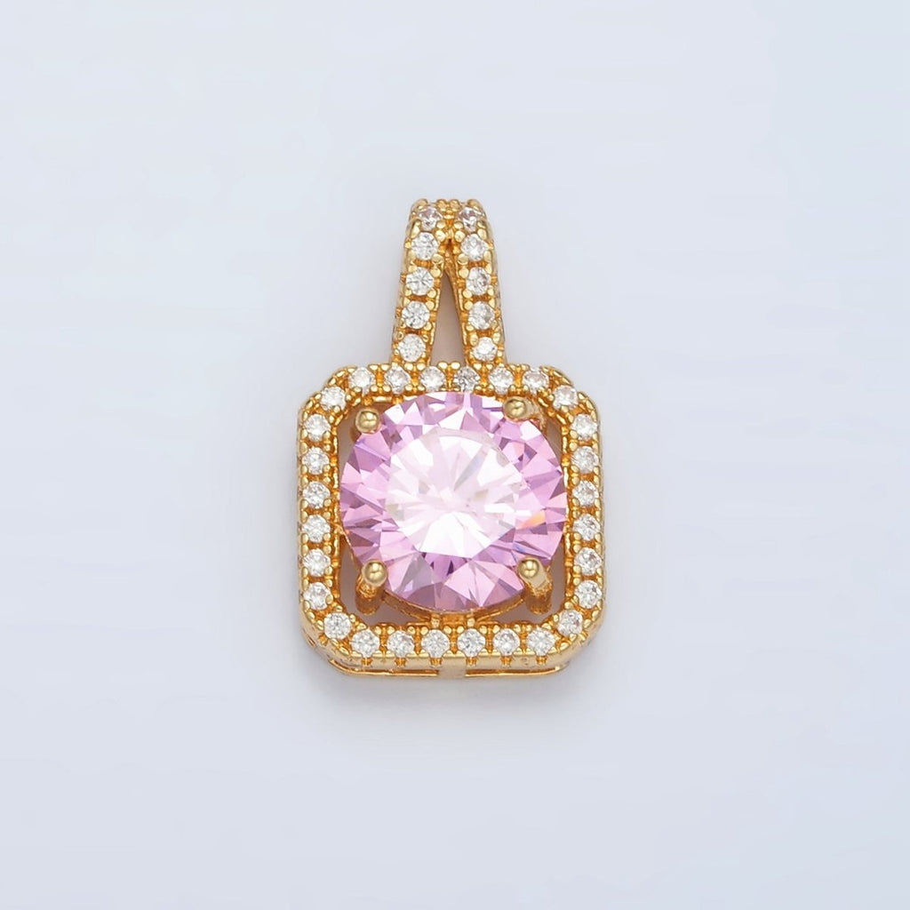 24K Gold plated Micro Paved CZ Pink Diamond Square Pendant | J - 539 - DLUXCA