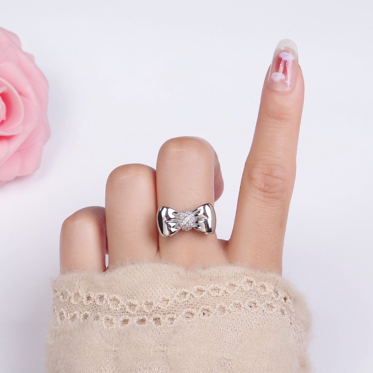 24K Gold plated Micro Paved CZ Puffed Ribbon Bow Ring in Gold & Silver | R150 R151