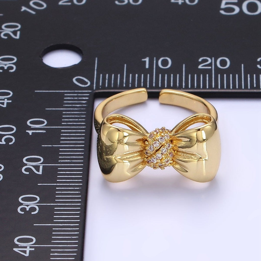 24K Gold plated Micro Paved CZ Puffed Ribbon Bow Ring in Gold & Silver | R150 R151