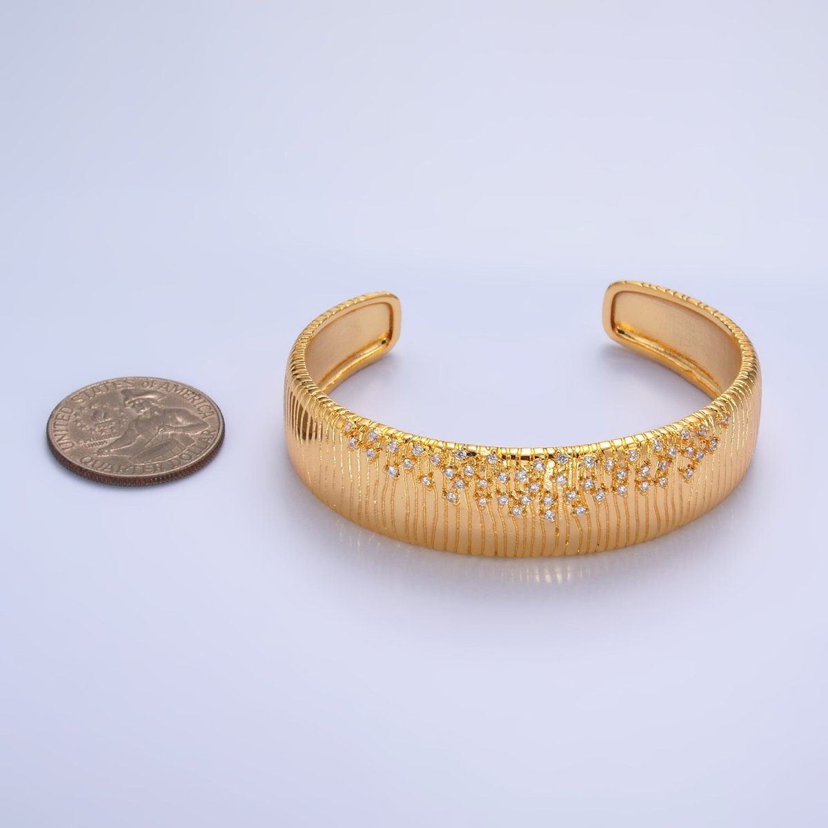 24K Gold plated Micro Paved CZ Ribbed Cuff Bracelet | WA - 2683 - DLUXCA