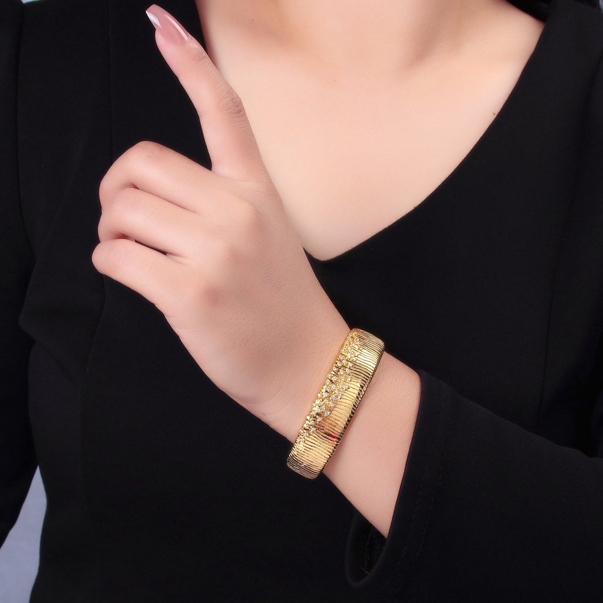 24K Gold plated Micro Paved CZ Ribbed Cuff Bracelet | WA - 2683 - DLUXCA