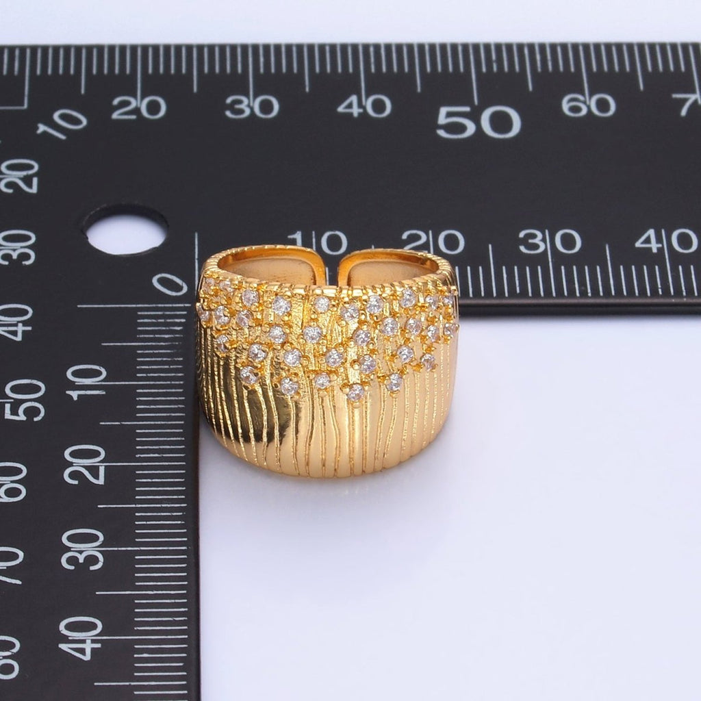 24K Gold plated Micro Paved CZ Ribbed Cuff Ring | U424 - DLUXCA