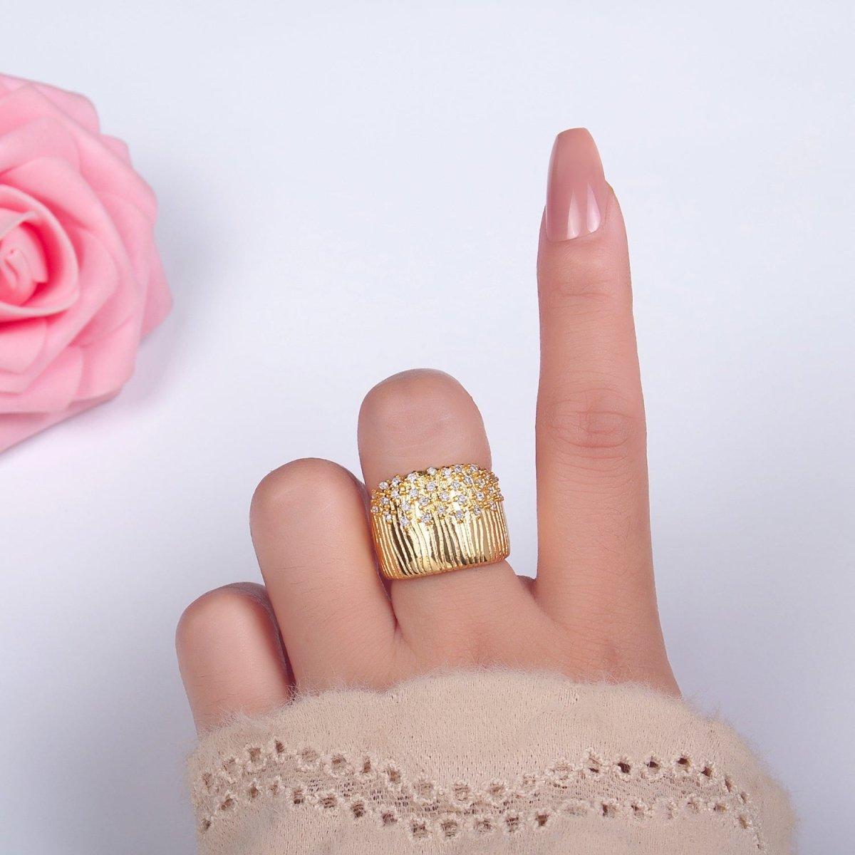 24K Gold plated Micro Paved CZ Ribbed Cuff Ring | U424 - DLUXCA