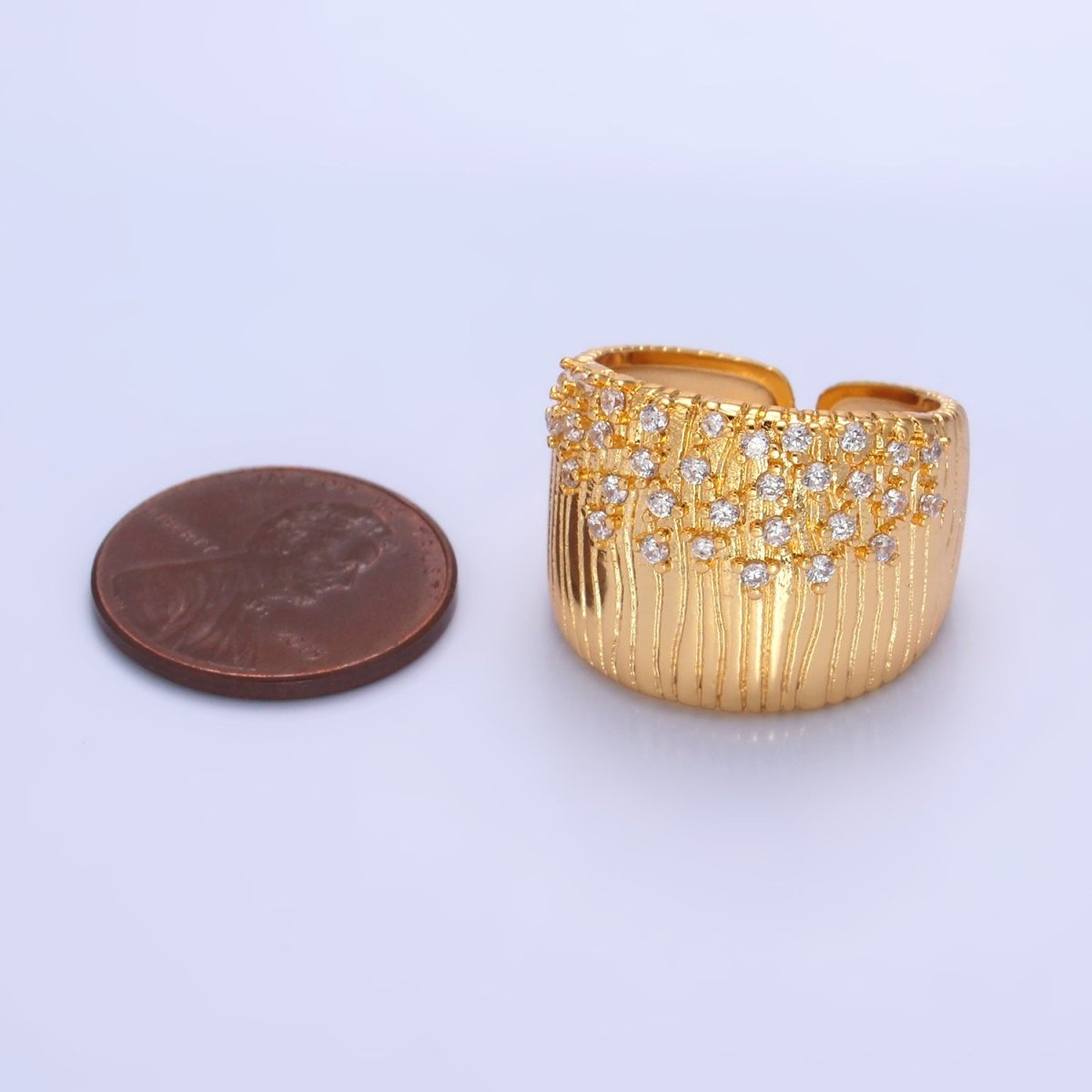 24K Gold plated Micro Paved CZ Ribbed Cuff Ring | U424 - DLUXCA