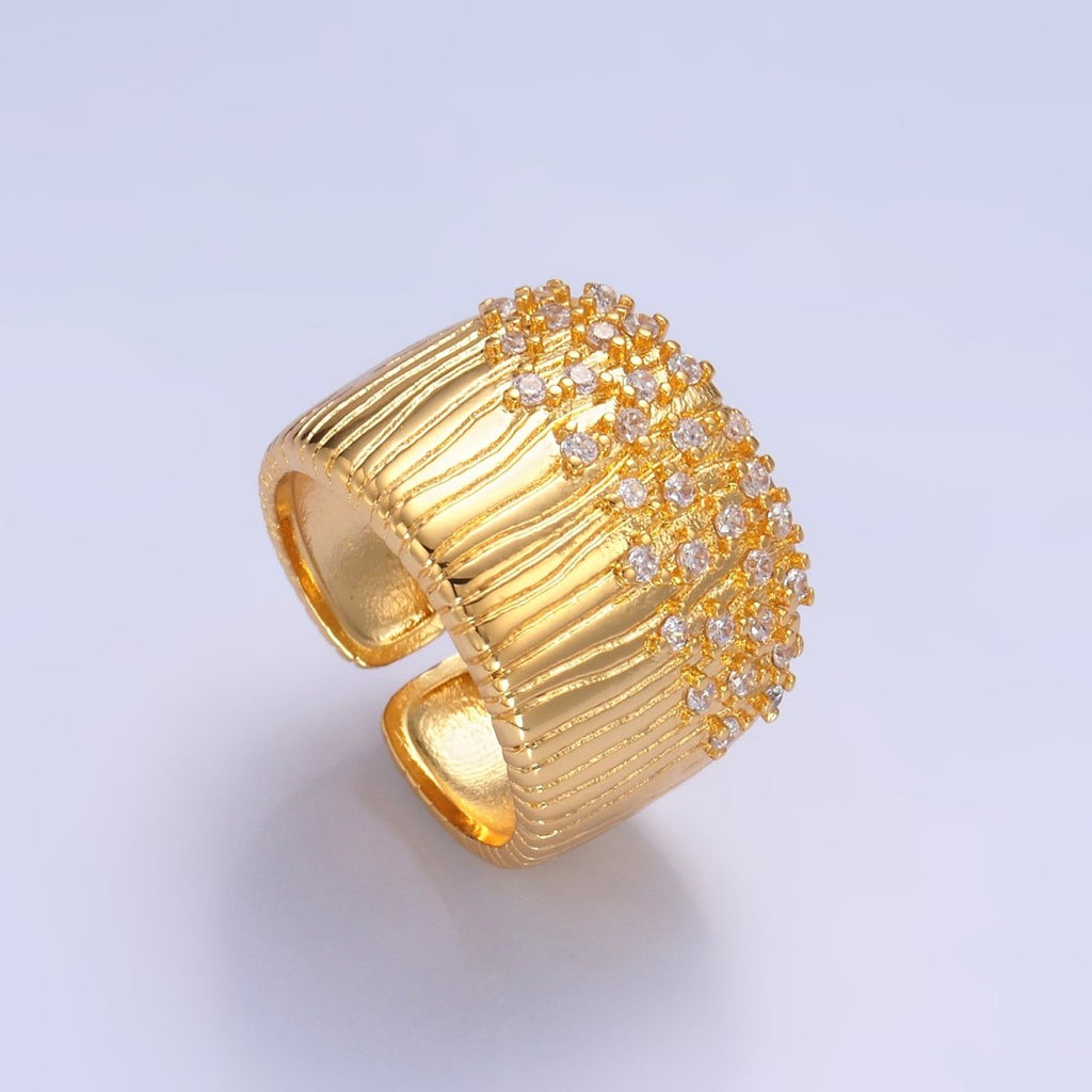 24K Gold plated Micro Paved CZ Ribbed Cuff Ring | U424 - DLUXCA