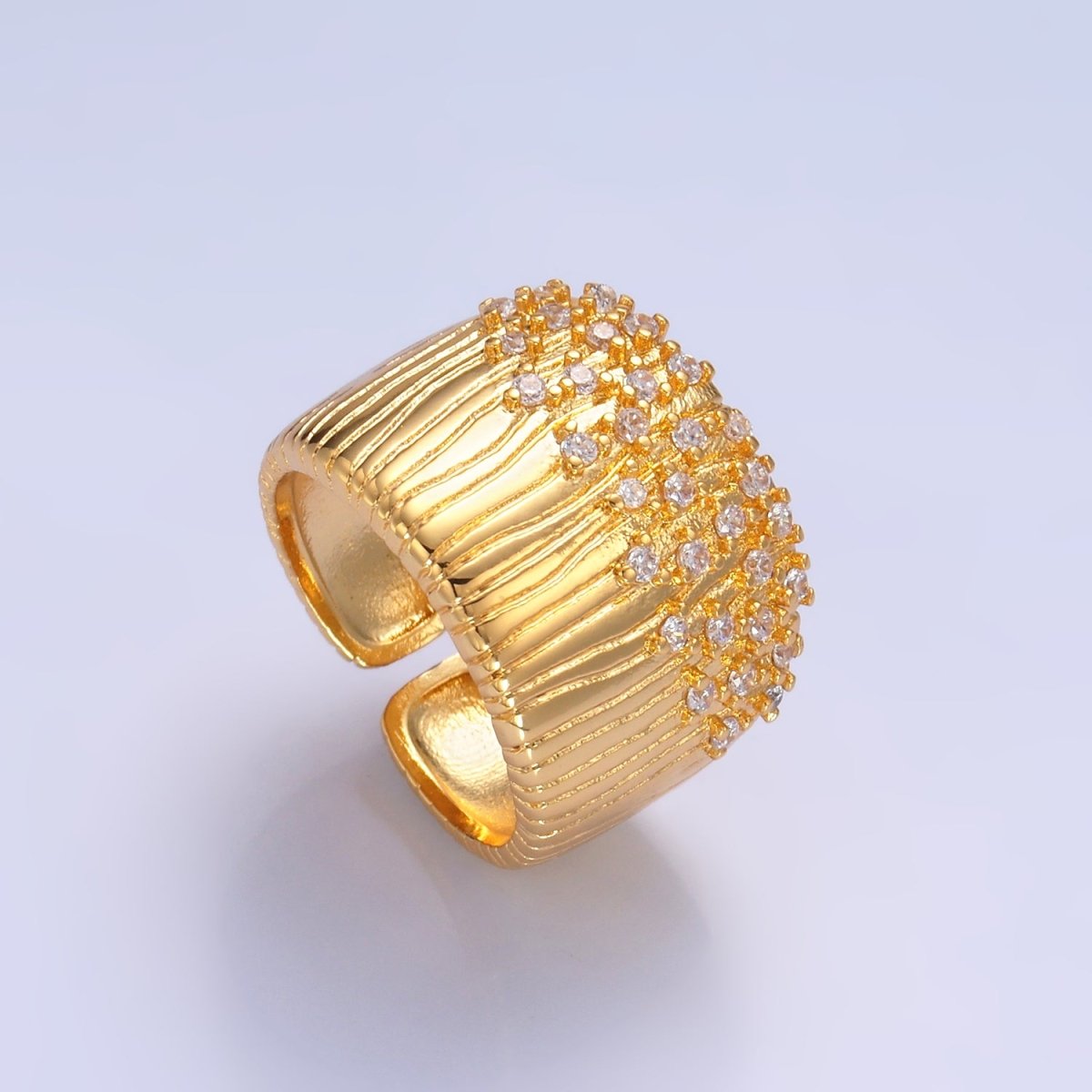 24K Gold plated Micro Paved CZ Ribbed Cuff Ring | U424 - DLUXCA