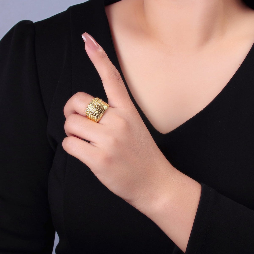 24K Gold plated Micro Paved CZ Ribbed Cuff Ring | U424 - DLUXCA