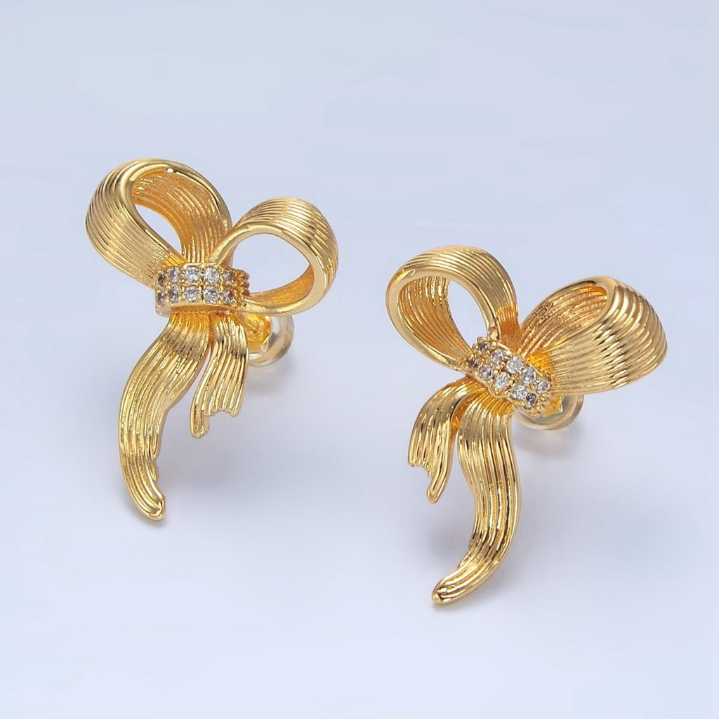 24K Gold plated Micro Paved CZ Ribbed Ribbon Bow Stud Earrings | AD776 - DLUXCA