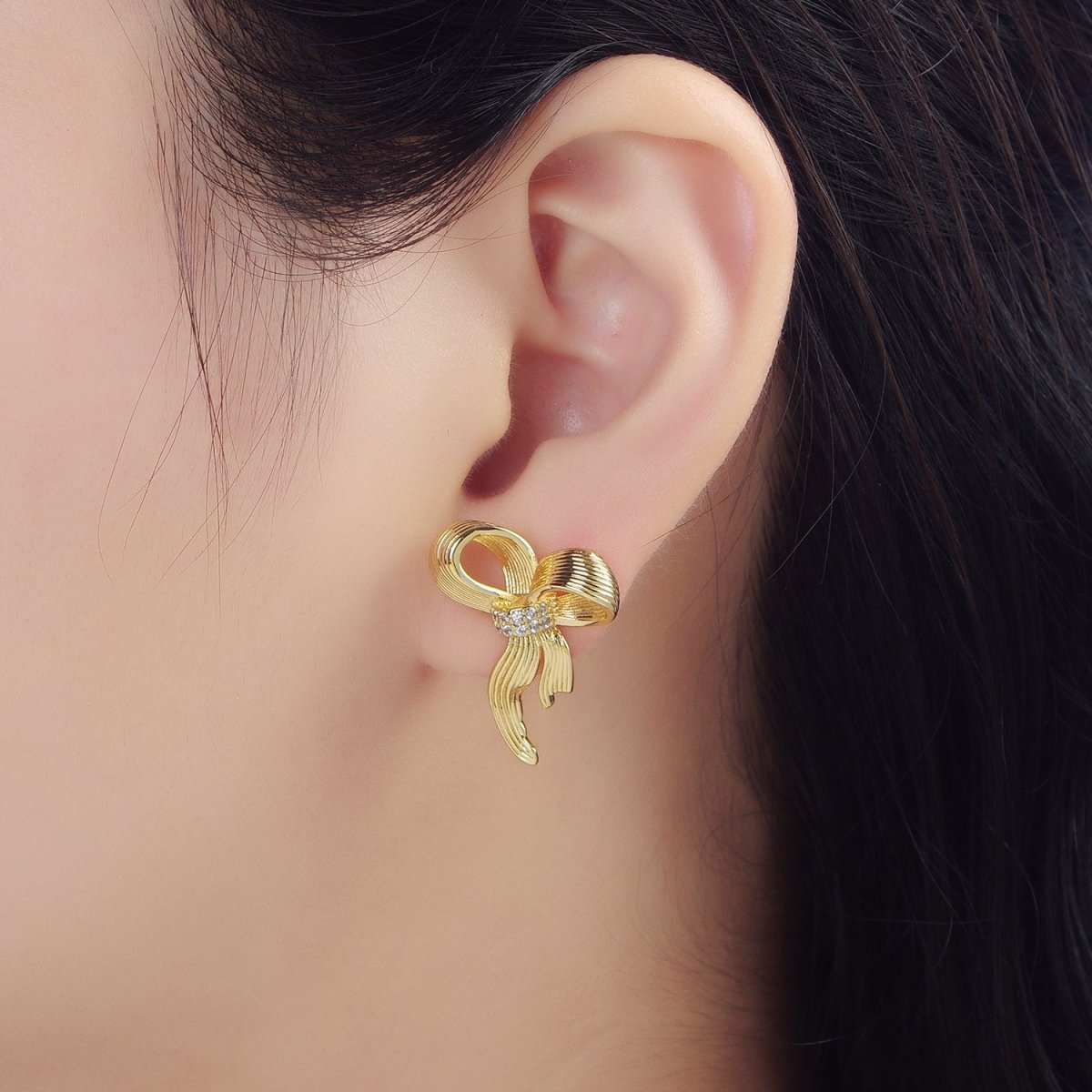 24K Gold plated Micro Paved CZ Ribbed Ribbon Bow Stud Earrings | AD776 - DLUXCA