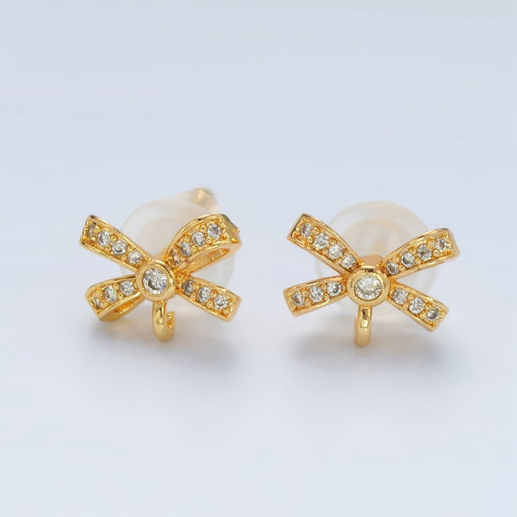 24K Gold plated Micro Paved CZ Ribbon Bow Open Loop Drop Stud Earrings | Z833 - DLUXCA