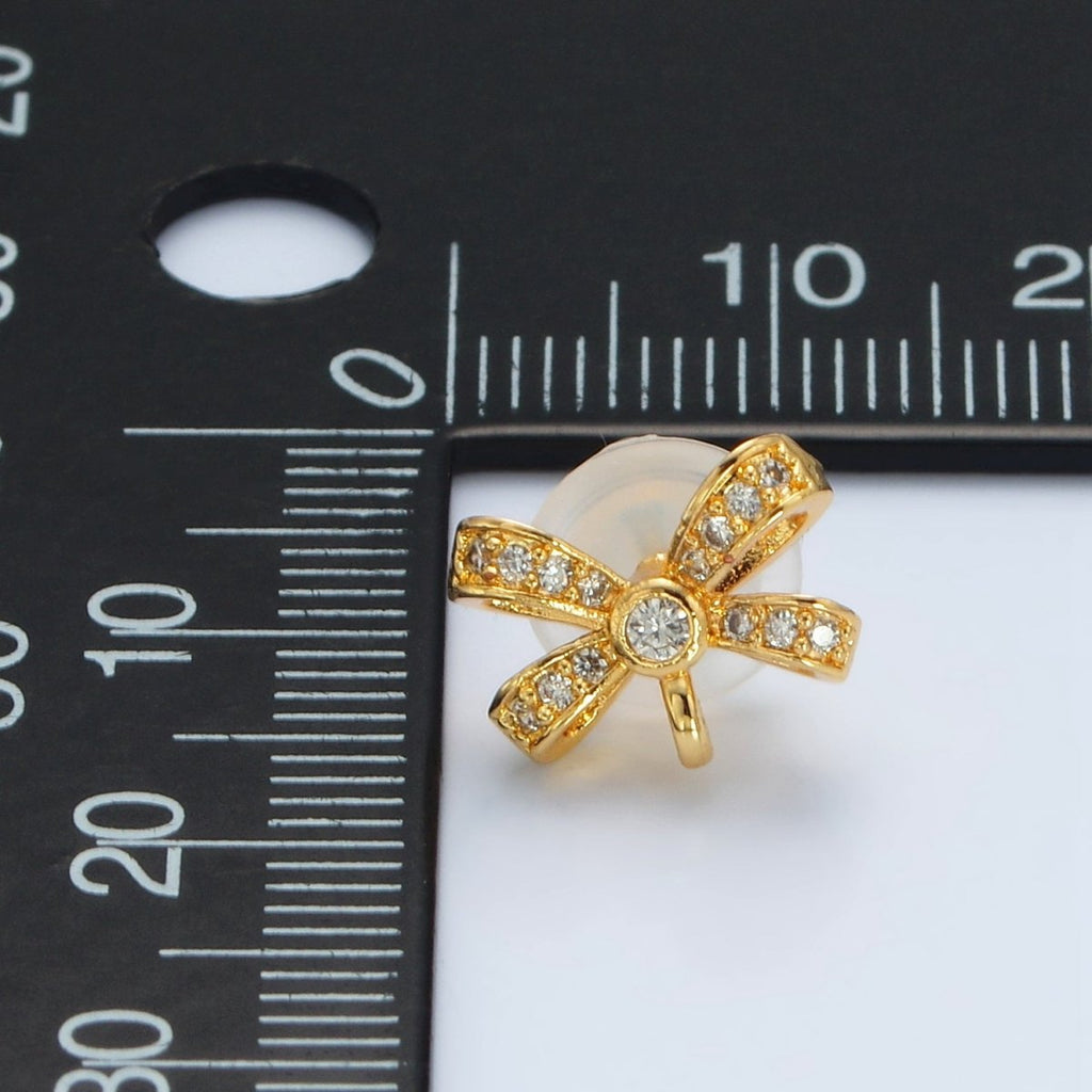 24K Gold plated Micro Paved CZ Ribbon Bow Open Loop Drop Stud Earrings | Z833 - DLUXCA
