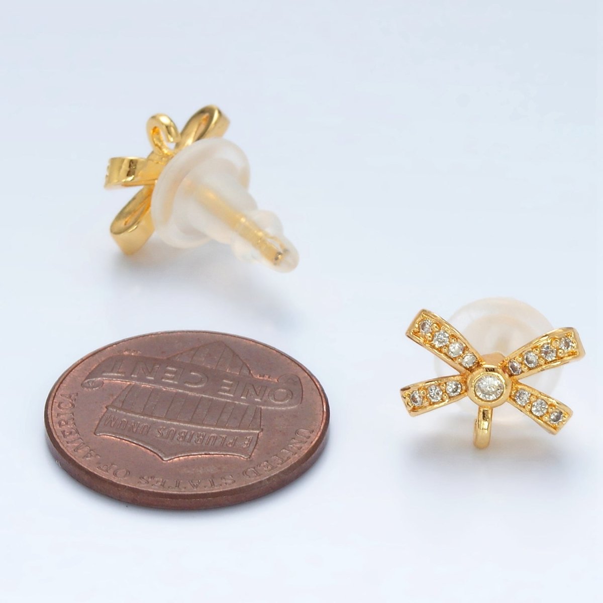 24K Gold plated Micro Paved CZ Ribbon Bow Open Loop Drop Stud Earrings | Z833 - DLUXCA