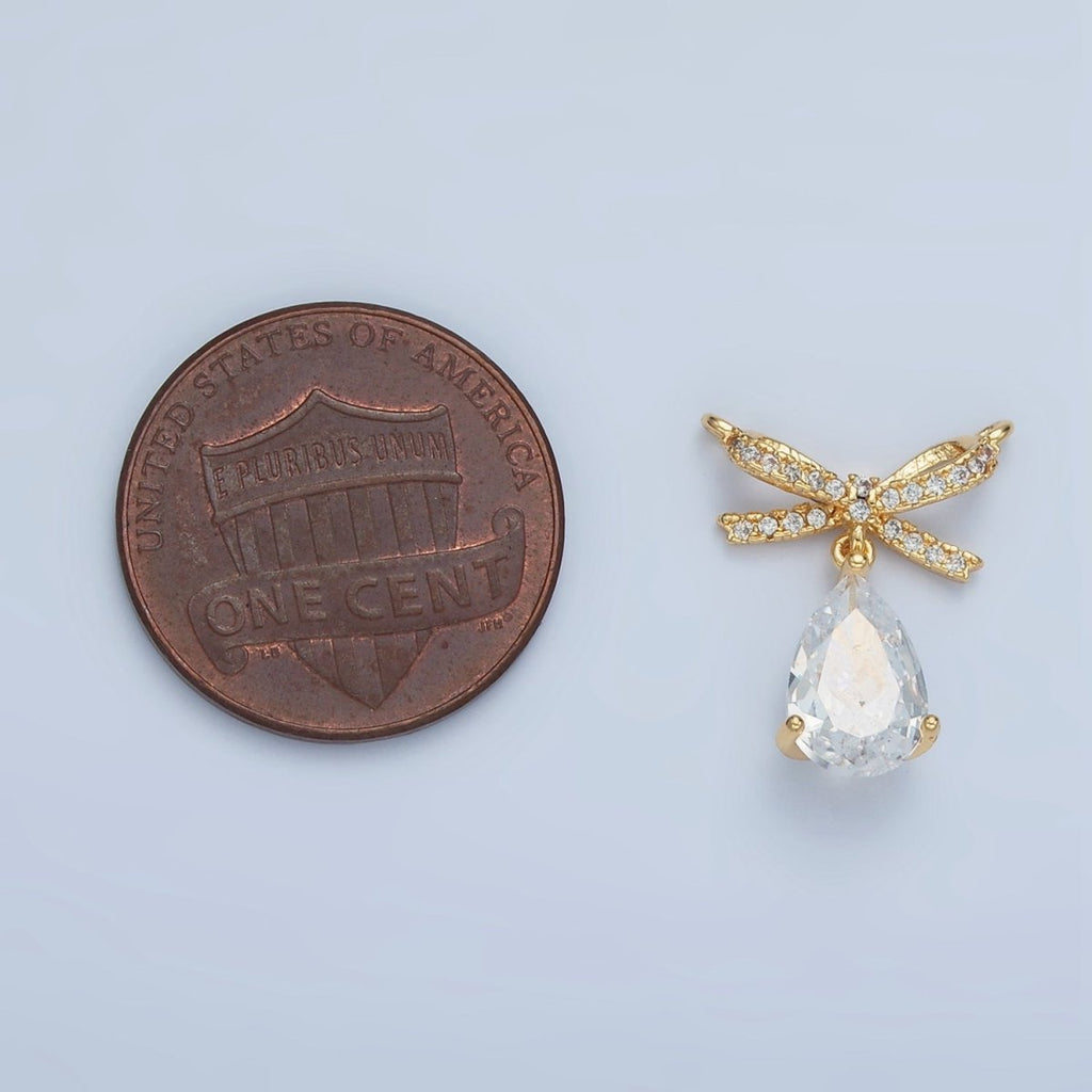 24K Gold plated Micro Paved CZ Ribbon Bow Teardrop CZ Drop Connector | F239 - DLUXCA