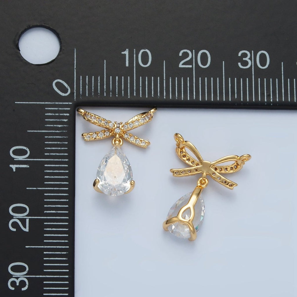 24K Gold plated Micro Paved CZ Ribbon Bow Teardrop CZ Drop Connector | F239 - DLUXCA