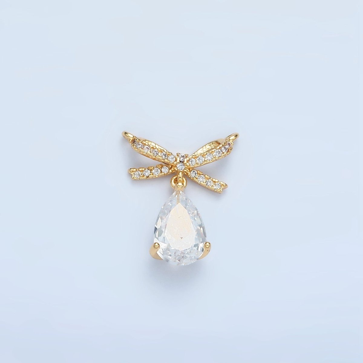 24K Gold plated Micro Paved CZ Ribbon Bow Teardrop CZ Drop Connector | F239 - DLUXCA