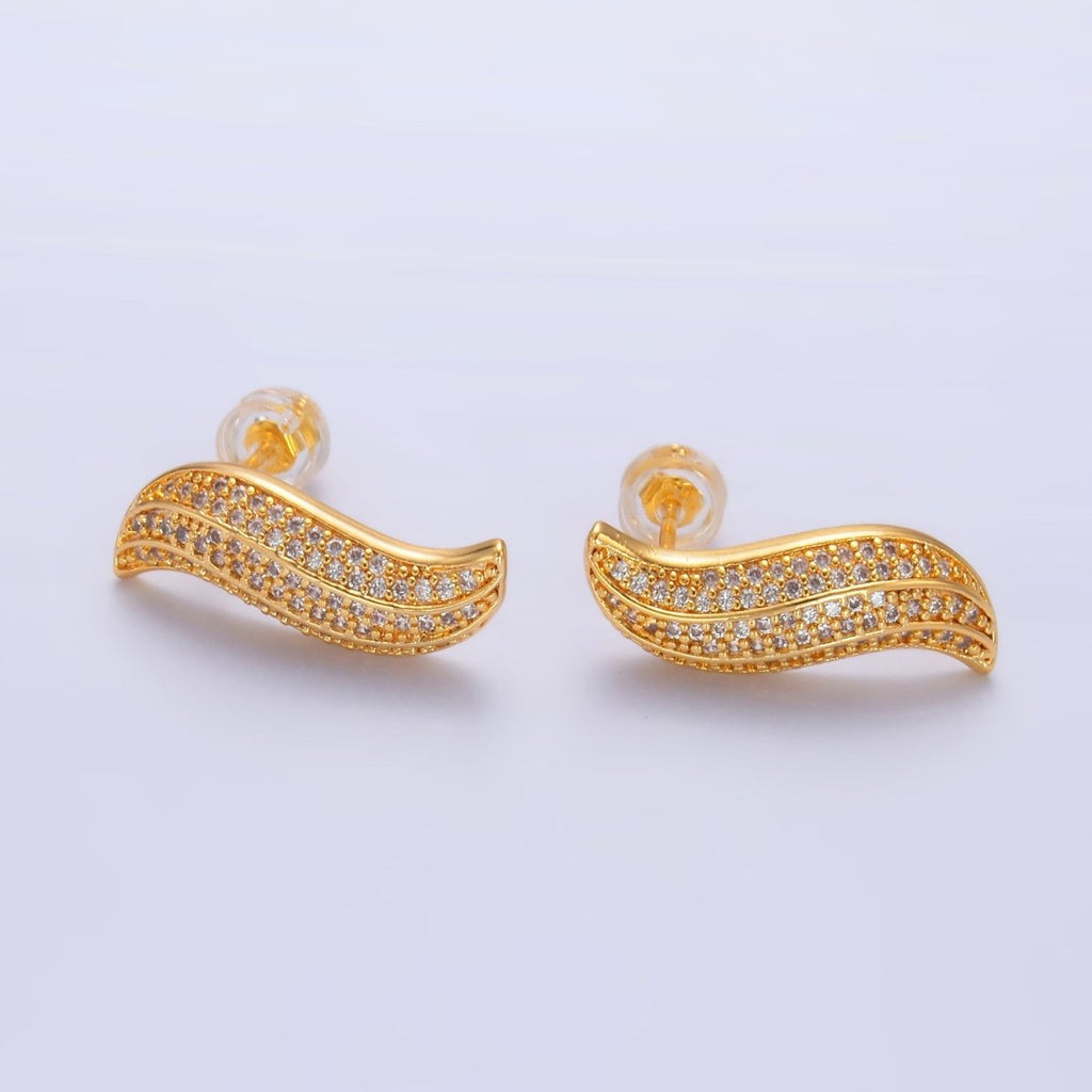 24K Gold plated Micro Paved CZ S Curved Stud Earrings | P416 - DLUXCA