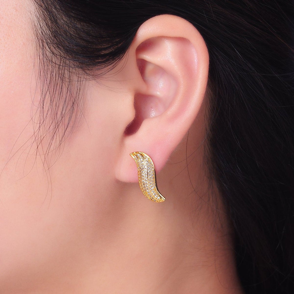 24K Gold plated Micro Paved CZ S Curved Stud Earrings | P416 - DLUXCA