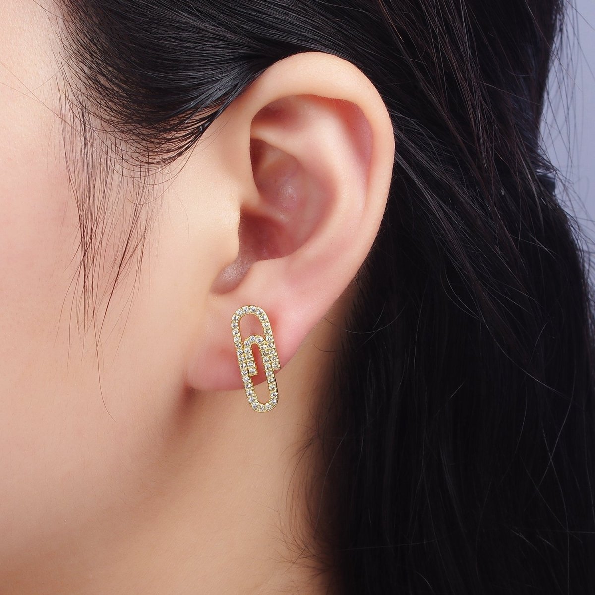24K Gold plated Micro Paved CZ Safety Pin Stud Earrings | P533 - DLUXCA