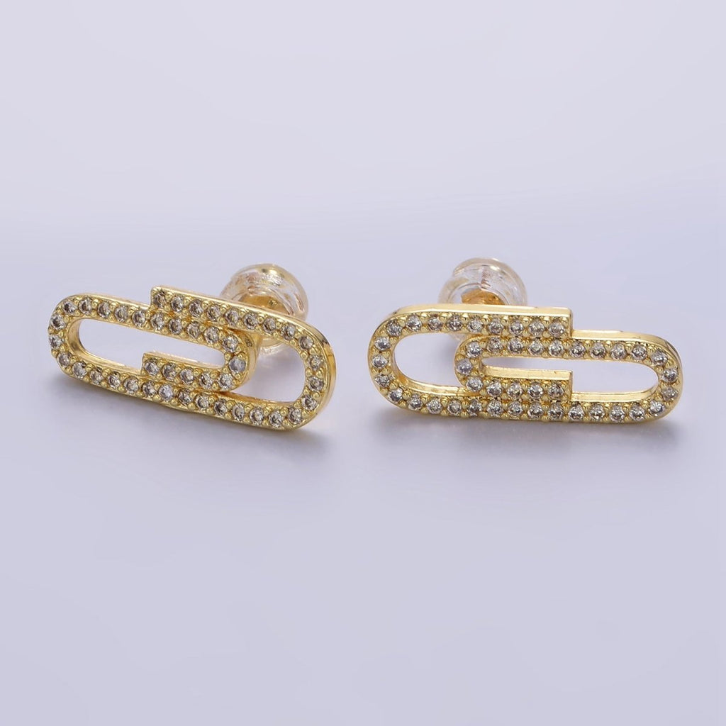 24K Gold plated Micro Paved CZ Safety Pin Stud Earrings | P533 - DLUXCA