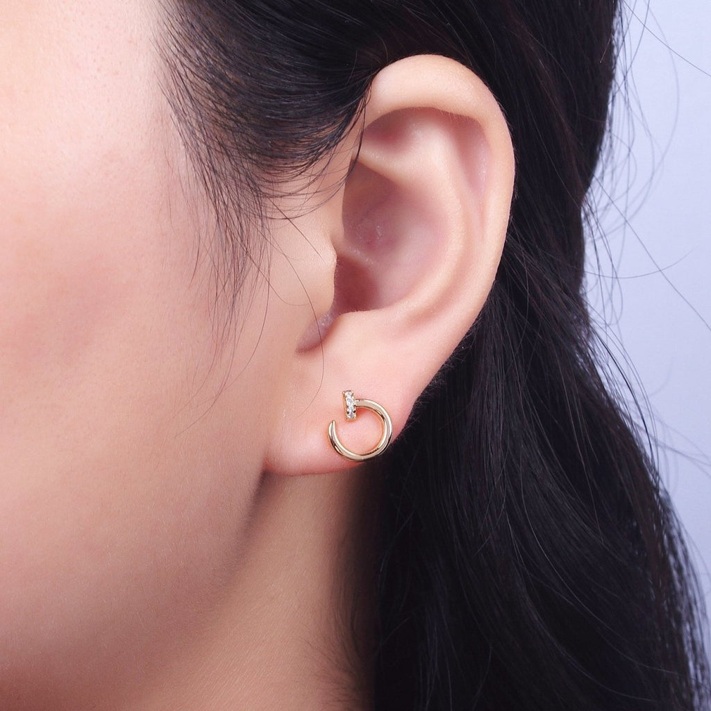 24K Gold plated Micro Paved CZ Spiral Nail Stud Earrings | Y-102 - DLUXCA