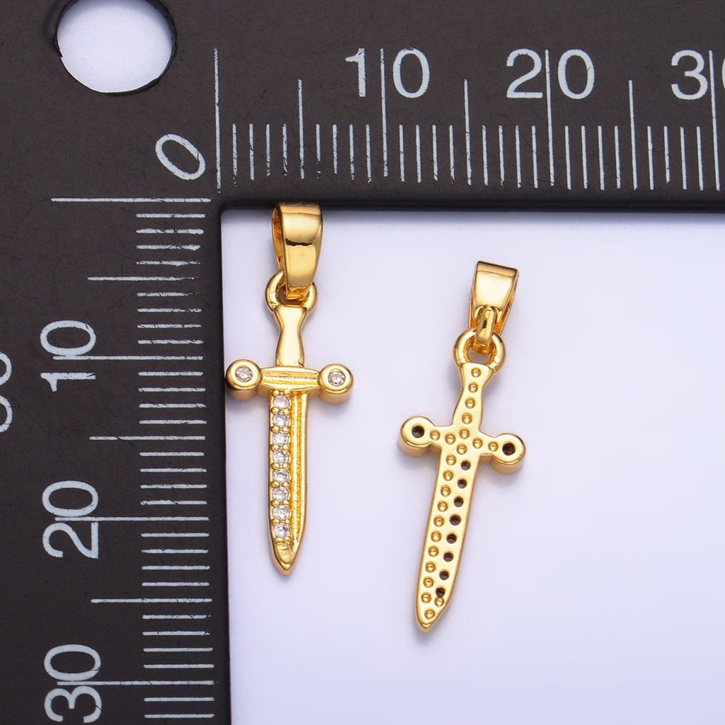 24K Gold plated Micro Paved CZ Sword Cross Pendant | AA1059 - DLUXCA