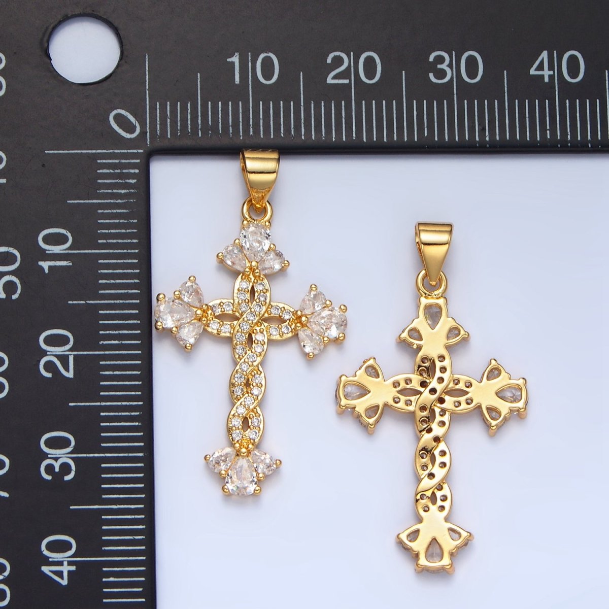 24K Gold plated Micro Paved CZ Teardrop Open Fleur Cross Pendant | AA966 - DLUXCA