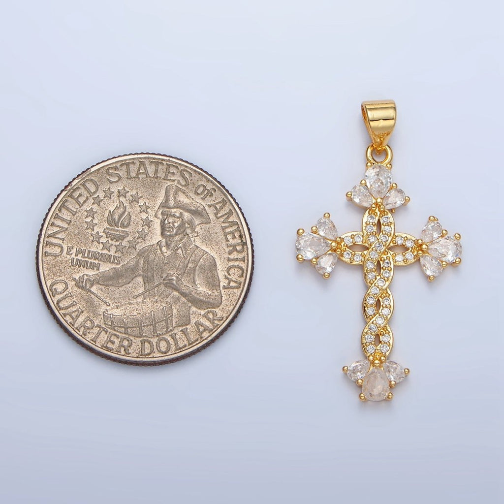 24K Gold plated Micro Paved CZ Teardrop Open Fleur Cross Pendant | AA966 - DLUXCA