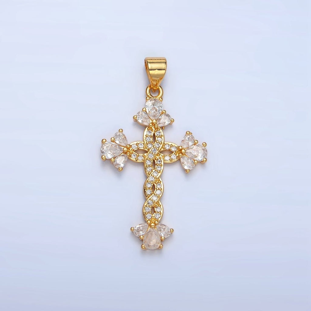 24K Gold plated Micro Paved CZ Teardrop Open Fleur Cross Pendant | AA966 - DLUXCA