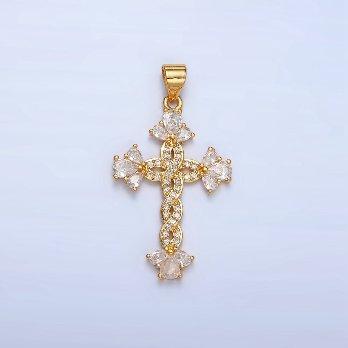 24K Gold plated Micro Paved CZ Teardrop Open Fleur Cross Pendant | AA966 - DLUXCA