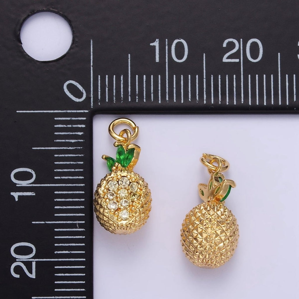 24K Gold plated Micro Paved CZ Textured Pineapple Fruit Charm | E367 - DLUXCA