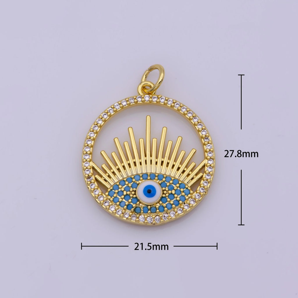 24K Gold plated Micro Paved CZ Turquoise Evil Eye Open Coin Charm N-193 - DLUXCA
