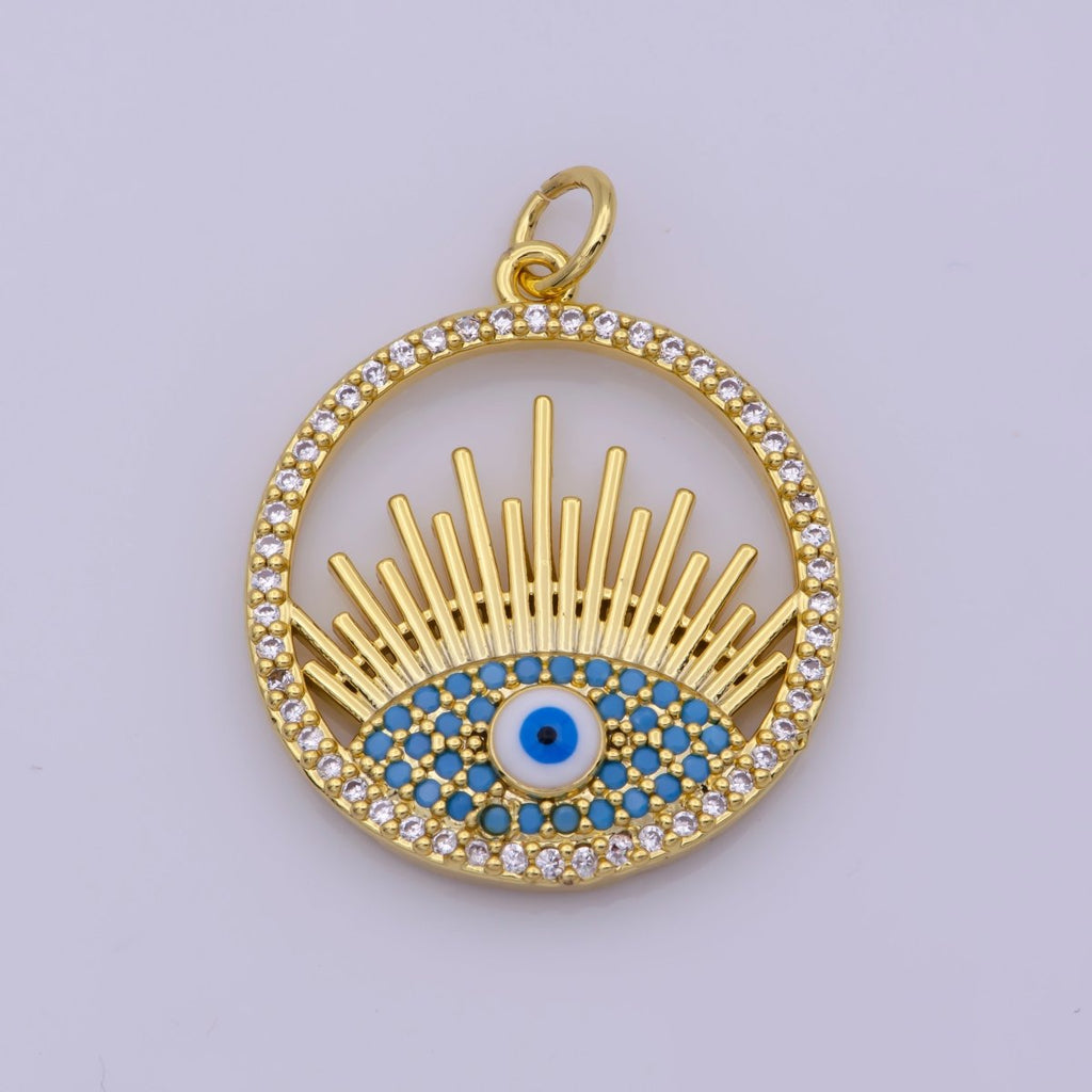 24K Gold plated Micro Paved CZ Turquoise Evil Eye Open Coin Charm N-193 - DLUXCA