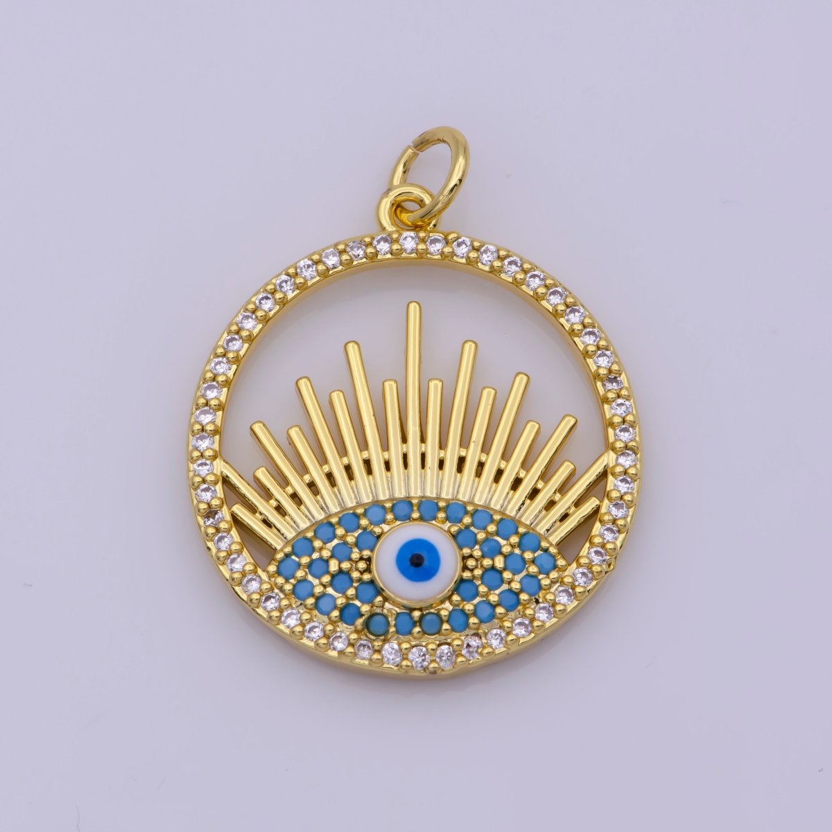 24K Gold plated Micro Paved CZ Turquoise Evil Eye Open Coin Charm N-193 - DLUXCA