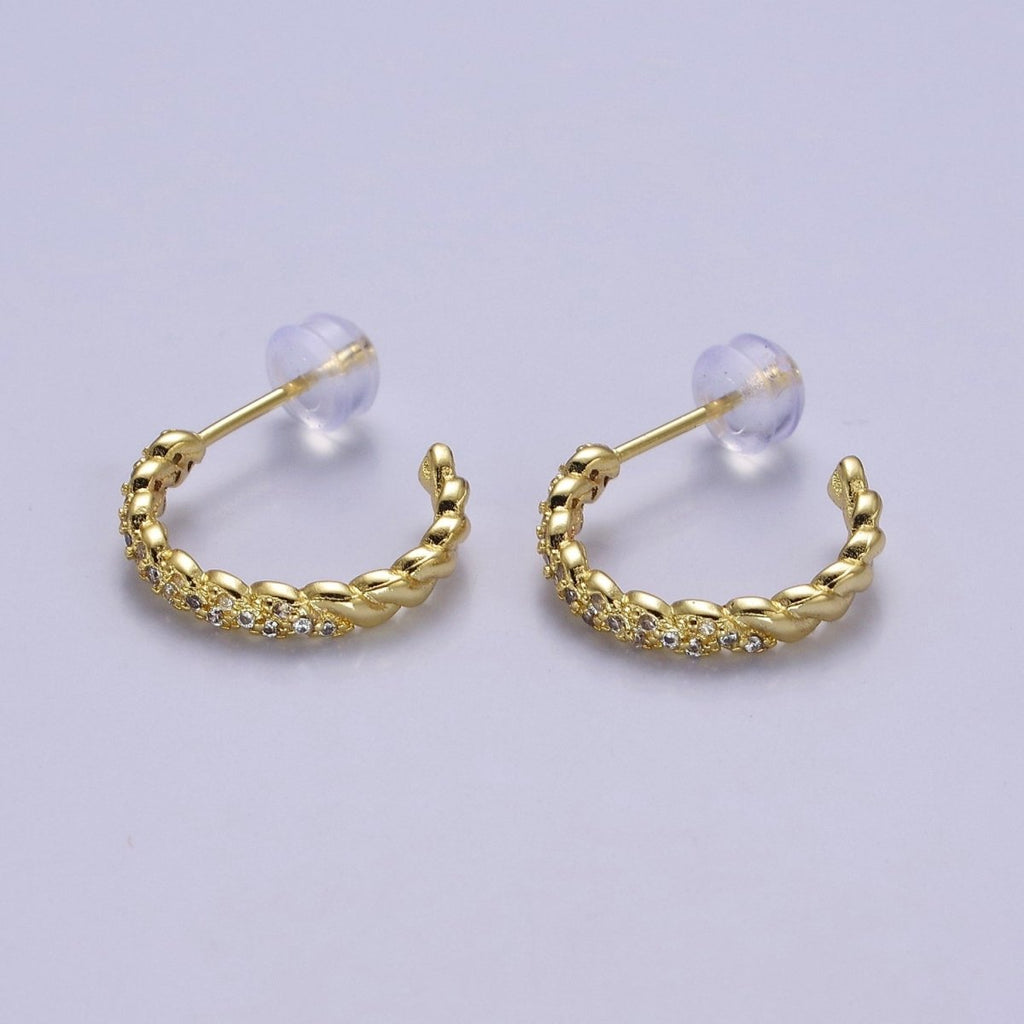 24K Gold plated Micro Paved CZ Twisted 16mm, 24mm, 30mm C Shaped Stud Hoops Earrings | V-173-V-175 - DLUXCA