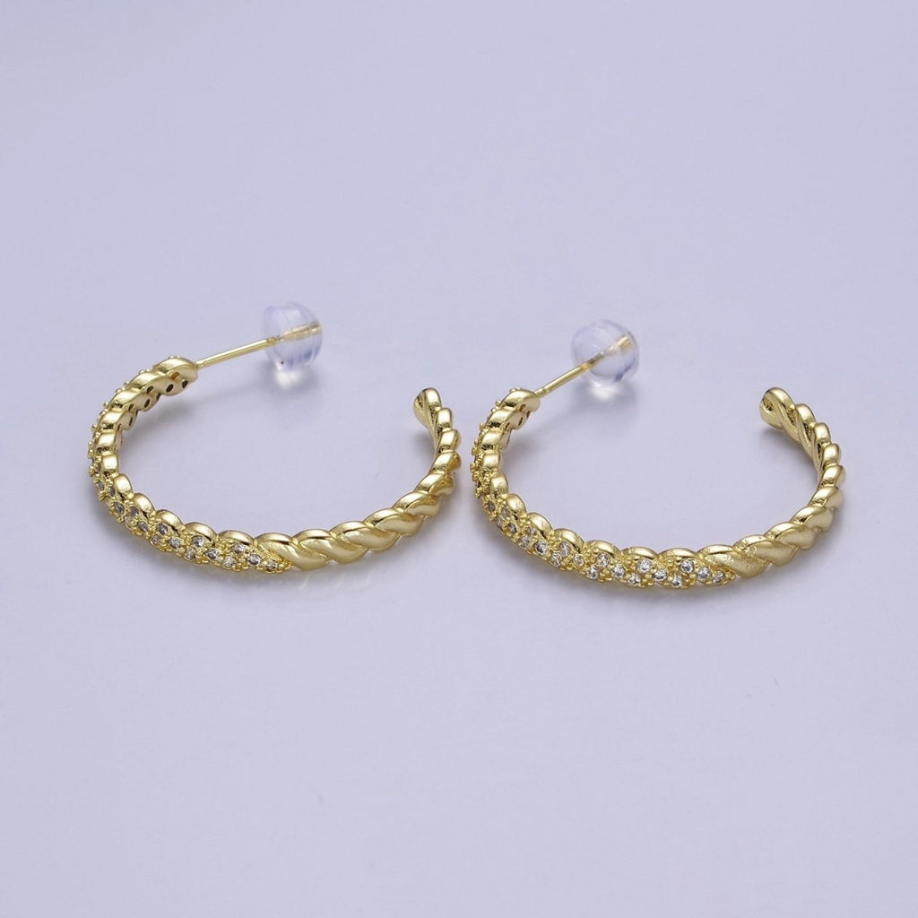 24K Gold plated Micro Paved CZ Twisted 16mm, 24mm, 30mm C Shaped Stud Hoops Earrings | V-173-V-175 - DLUXCA