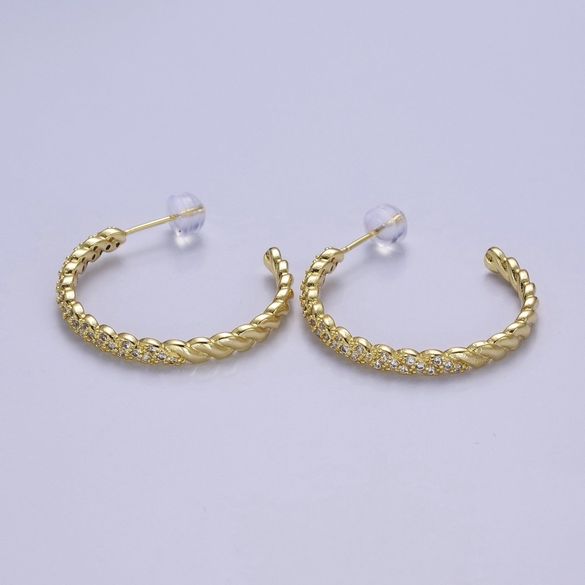 24K Gold plated Micro Paved CZ Twisted 16mm, 24mm, 30mm C Shaped Stud Hoops Earrings | V-173-V-175 - DLUXCA