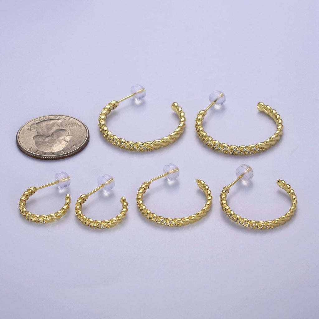 24K Gold plated Micro Paved CZ Twisted 16mm, 24mm, 30mm C Shaped Stud Hoops Earrings | V-173-V-175 - DLUXCA