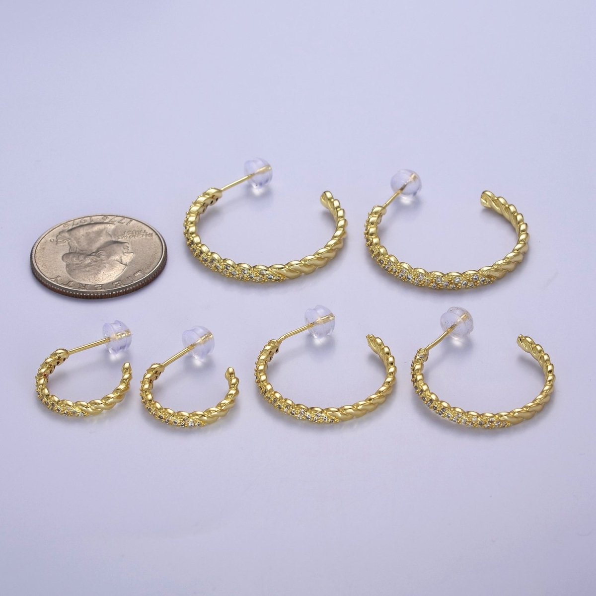 24K Gold plated Micro Paved CZ Twisted 16mm, 24mm, 30mm C Shaped Stud Hoops Earrings | V-173-V-175 - DLUXCA