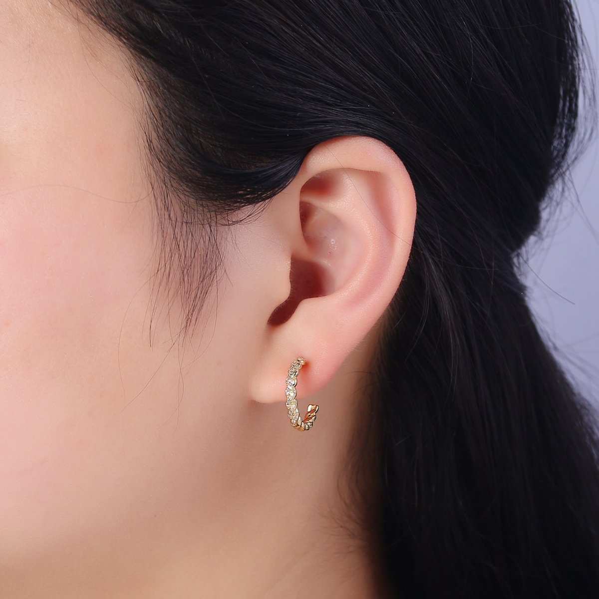 24K Gold plated Micro Paved CZ Twisted 16mm, 24mm, 30mm C Shaped Stud Hoops Earrings | V-173-V-175 - DLUXCA