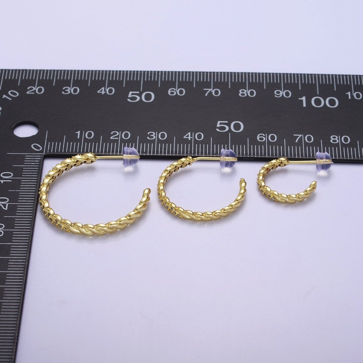24K Gold plated Micro Paved CZ Twisted 16mm, 24mm, 30mm C Shaped Stud Hoops Earrings | V-173-V-175 - DLUXCA