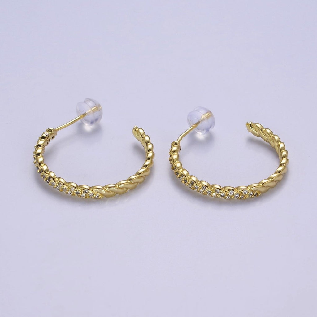 24K Gold plated Micro Paved CZ Twisted 16mm, 24mm, 30mm C Shaped Stud Hoops Earrings | V-173-V-175 - DLUXCA
