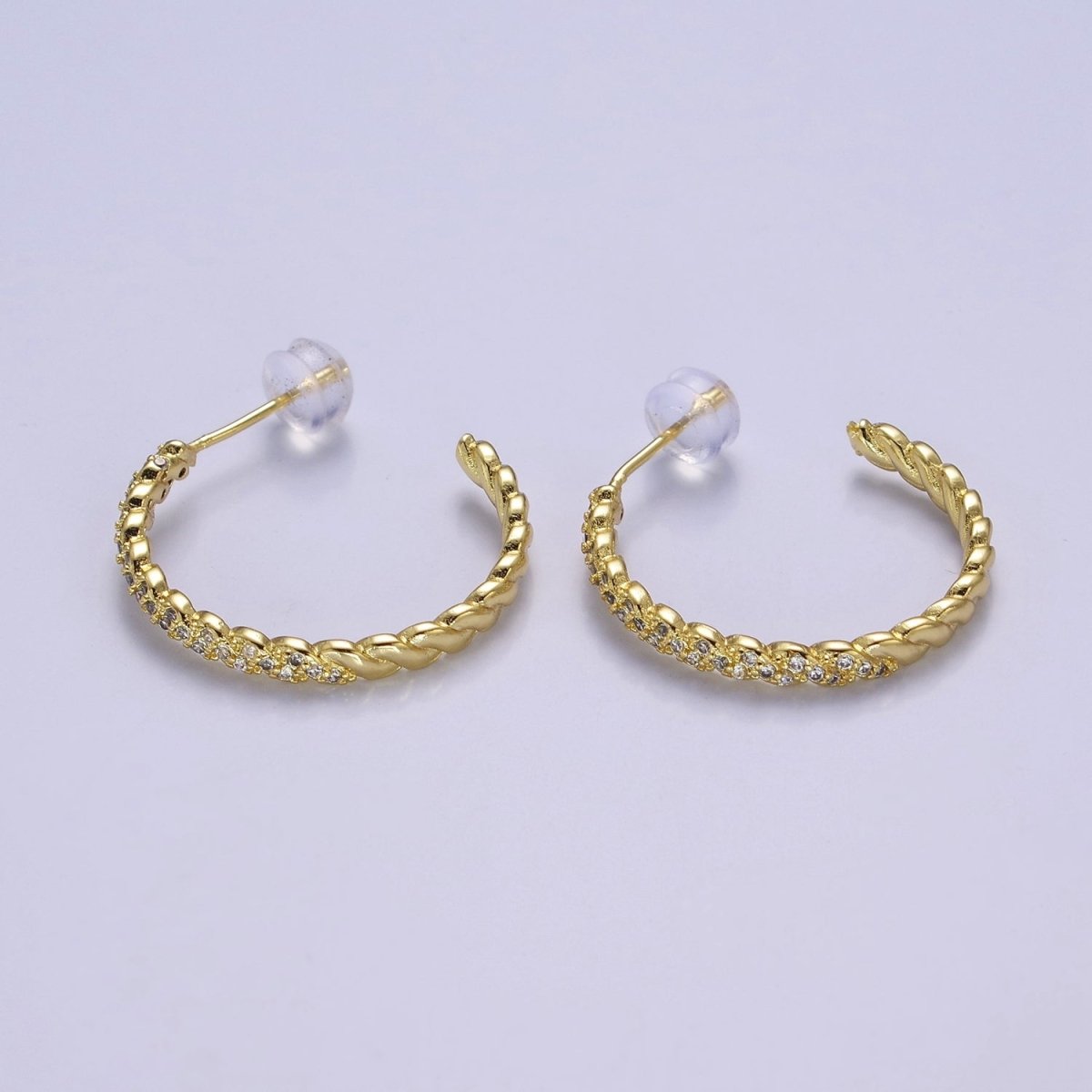 24K Gold plated Micro Paved CZ Twisted 16mm, 24mm, 30mm C Shaped Stud Hoops Earrings | V-173-V-175 - DLUXCA