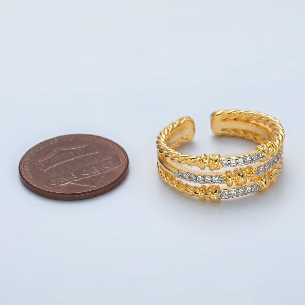 24K Gold plated Micro Paved CZ Twisted Rope Triple Band Ring | O1400 - DLUXCA