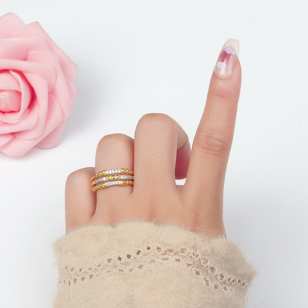 24K Gold plated Micro Paved CZ Twisted Rope Triple Band Ring | O1400 - DLUXCA