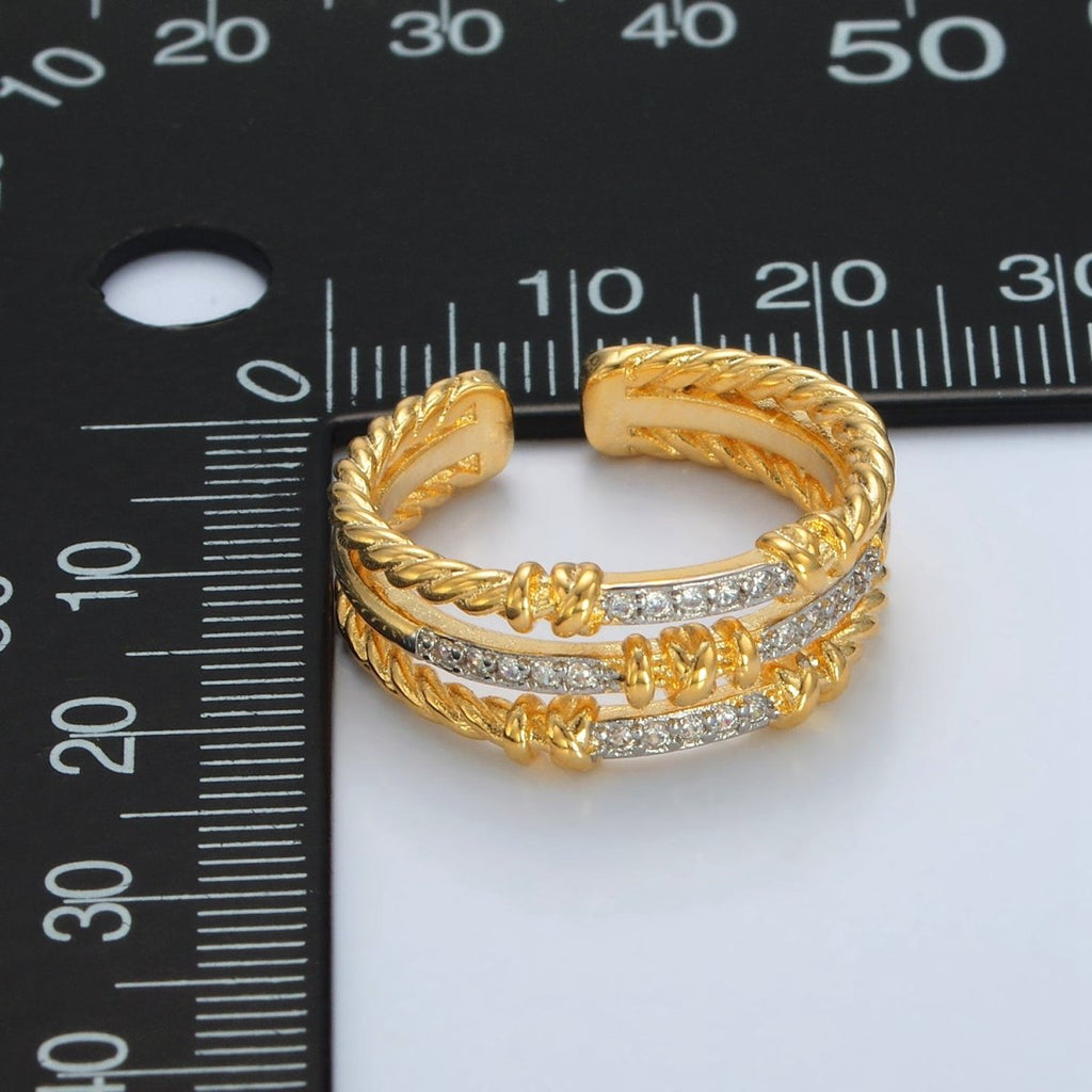 24K Gold plated Micro Paved CZ Twisted Rope Triple Band Ring | O1400 - DLUXCA