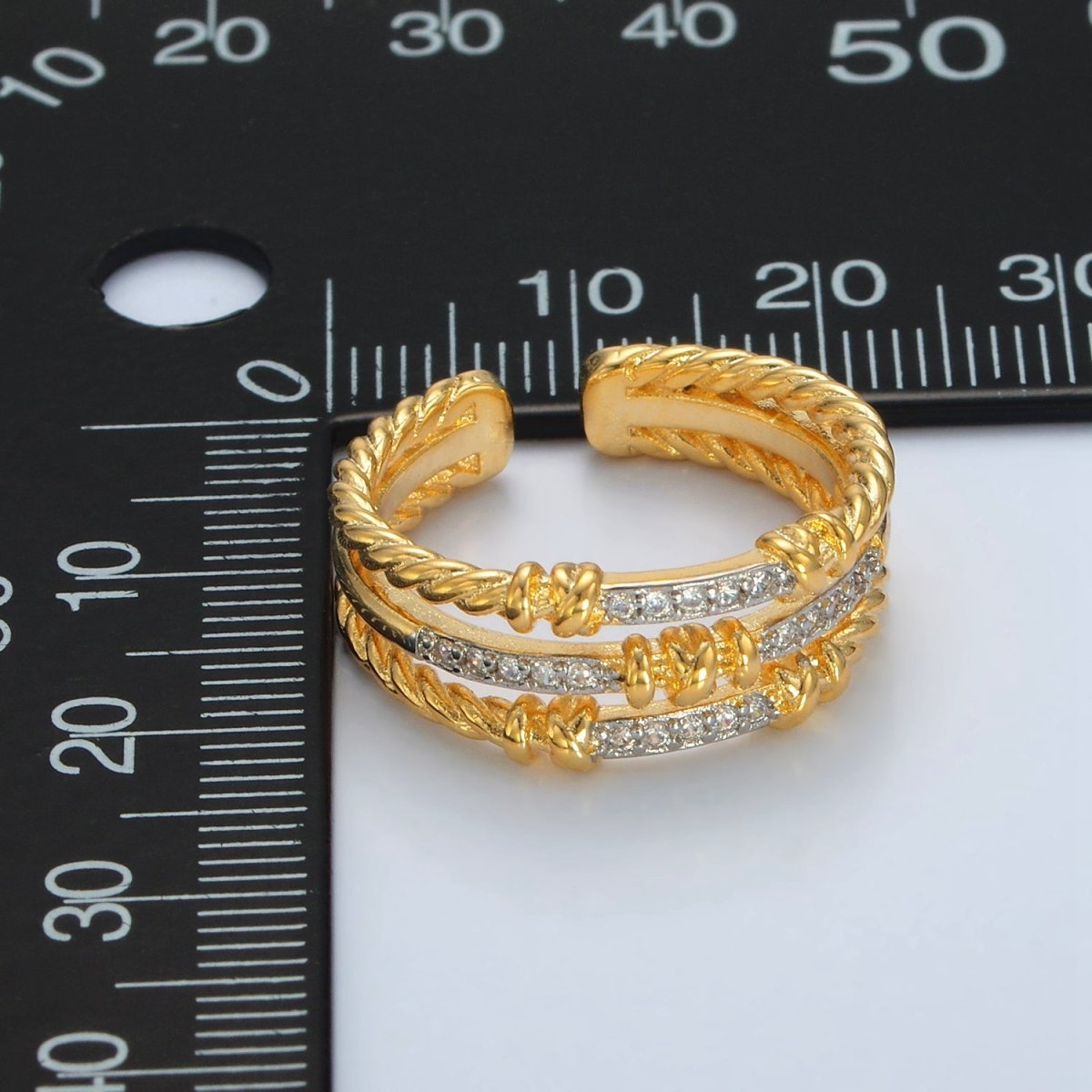 24K Gold plated Micro Paved CZ Twisted Rope Triple Band Ring | O1400 - DLUXCA