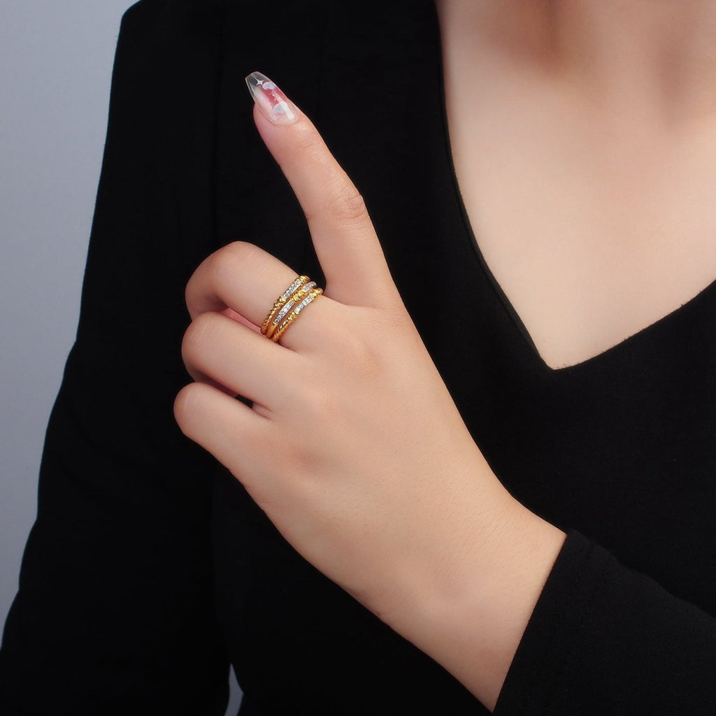 24K Gold plated Micro Paved CZ Twisted Rope Triple Band Ring | O1400 - DLUXCA