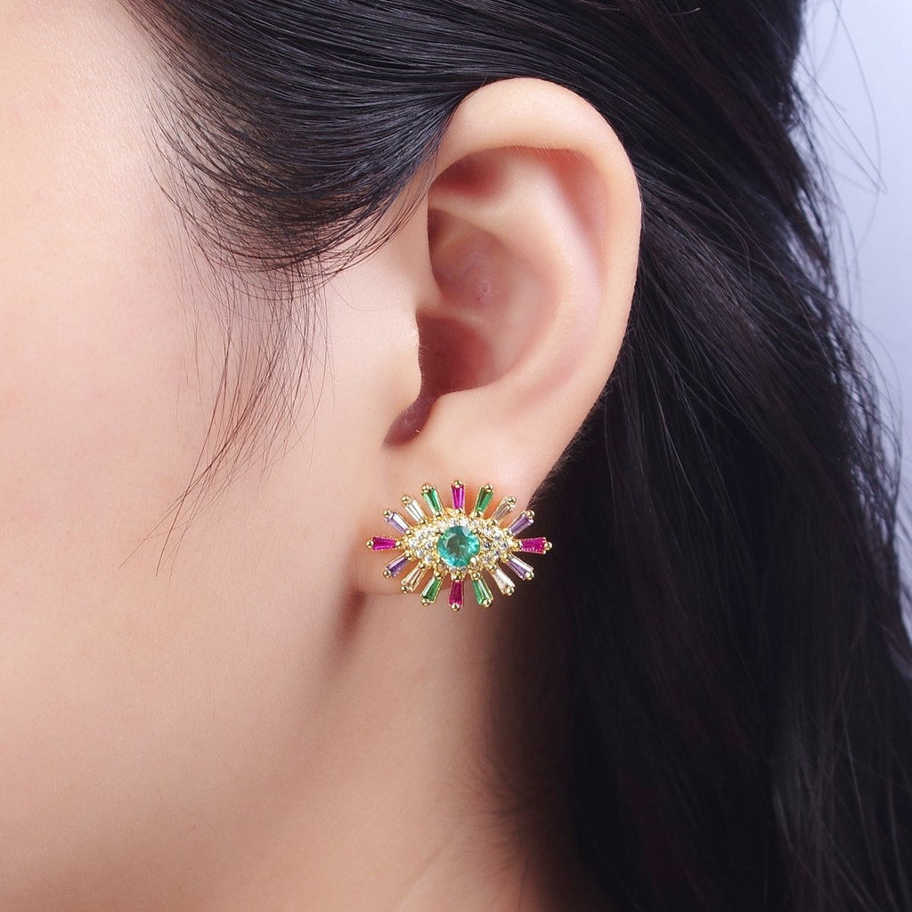 24K Gold plated Micro Paved Eye of Ra Multicolor Baguette Cubic Zirconia Protection Stud Earrings P-287 - DLUXCA