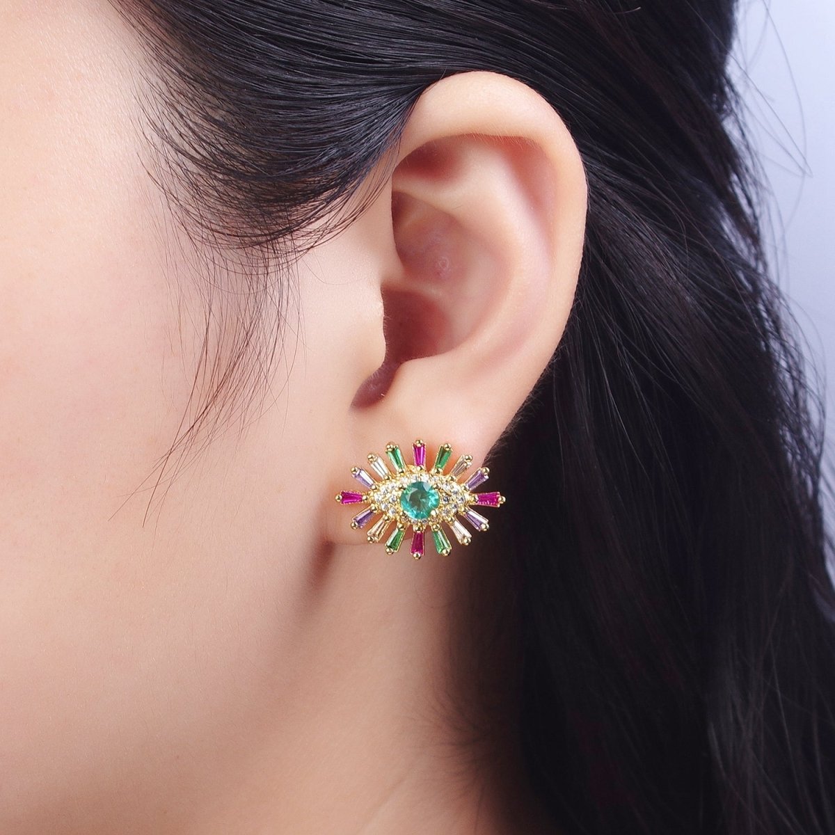 24K Gold plated Micro Paved Eye of Ra Multicolor Baguette Cubic Zirconia Protection Stud Earrings P-287 - DLUXCA