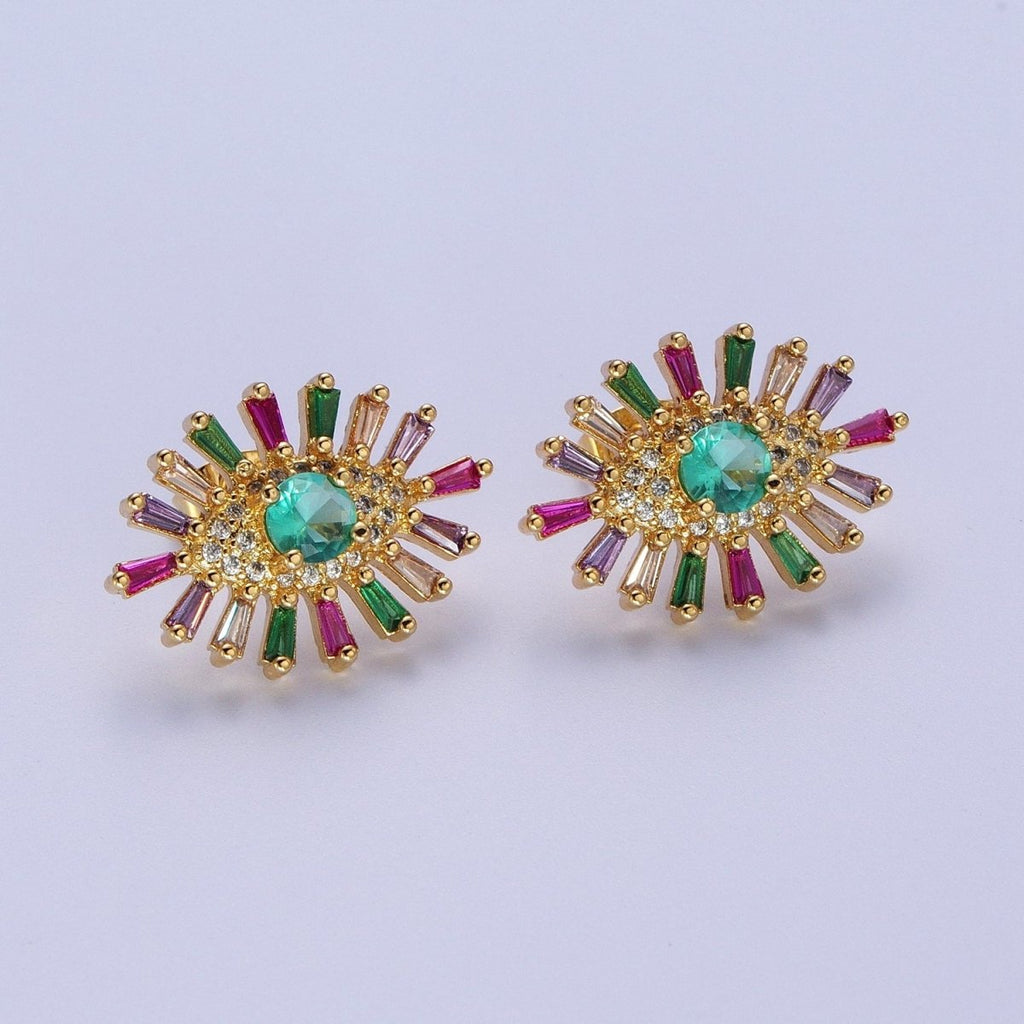 24K Gold plated Micro Paved Eye of Ra Multicolor Baguette Cubic Zirconia Protection Stud Earrings P-287 - DLUXCA